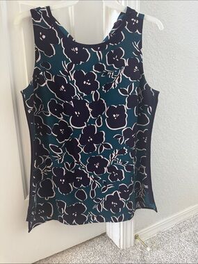 CAbi Teal Floral Tank with Navy & White Accents